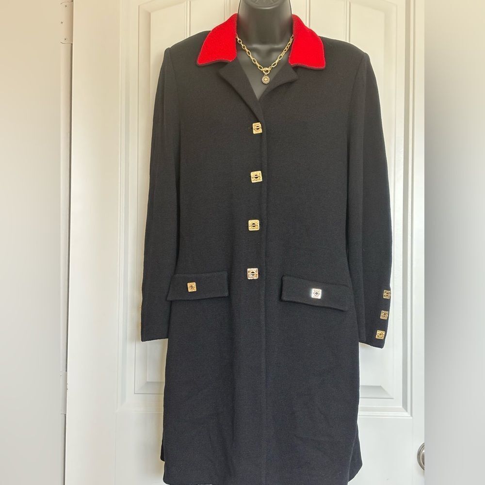 St. John Collection Black Santana Knit Long Cardigan with Red Trim